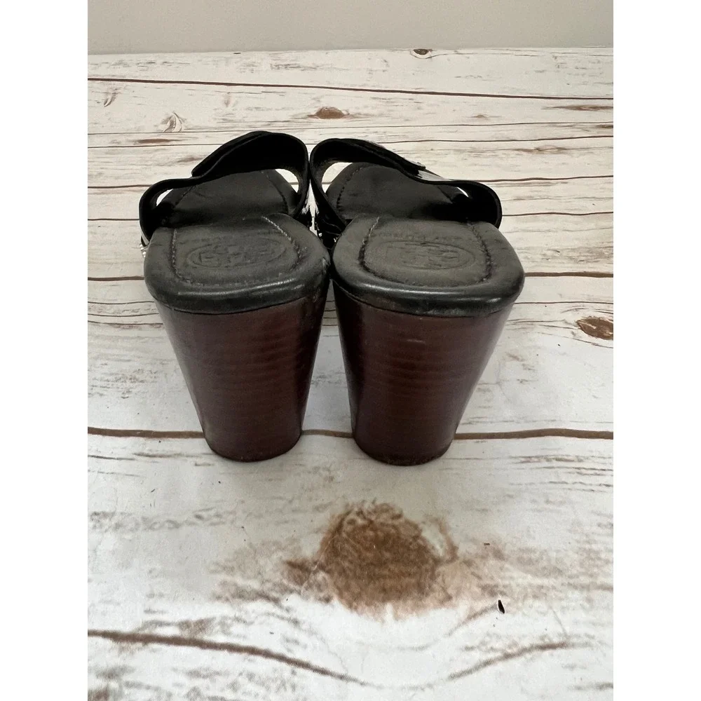 Tory Burch Wedge Sandals Black Patent Leather Logo Slide 8.5